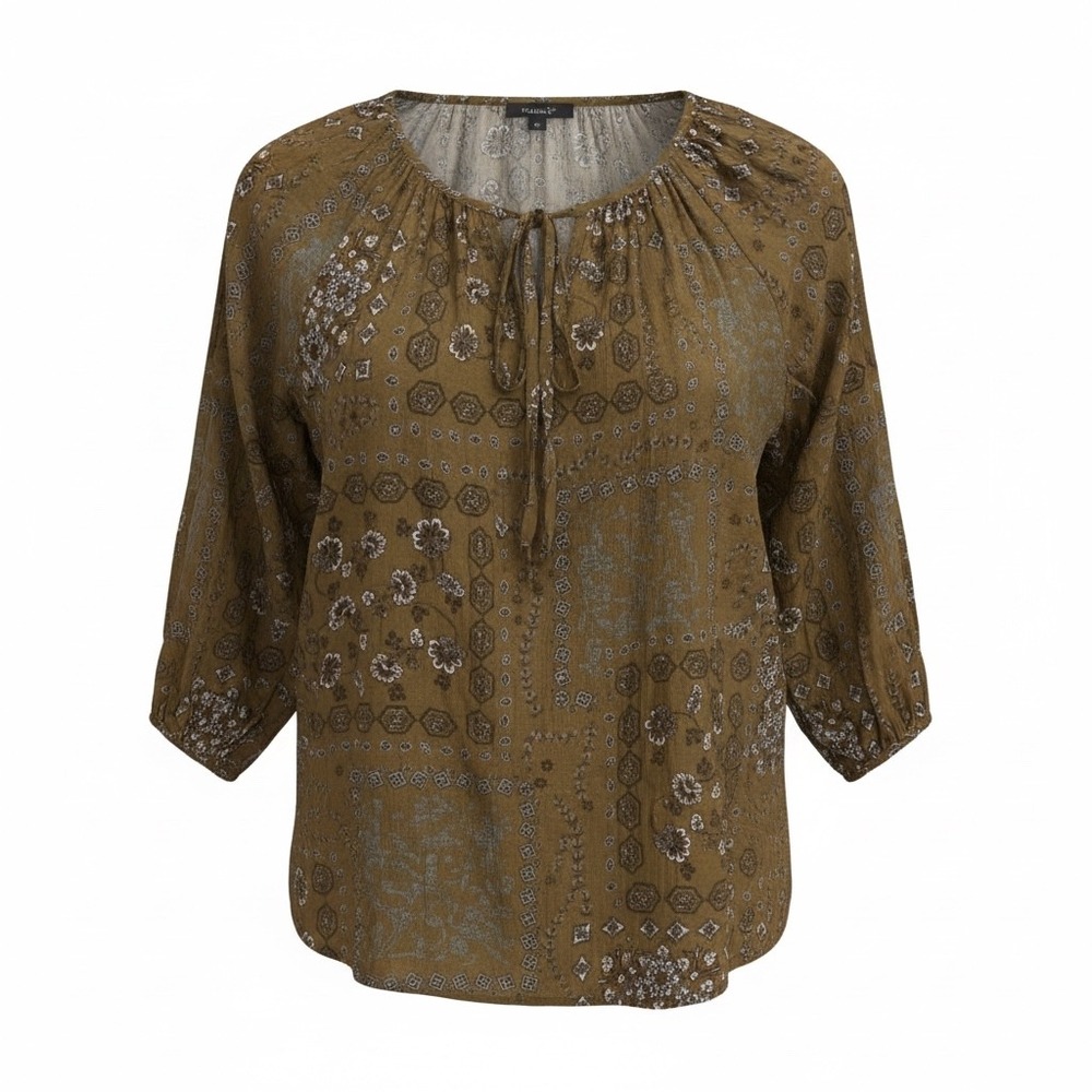 Reneec Women's Size S Brown Paisley Print Boho Tie Neck Blouse Western Vibe